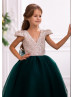 V Neck Gold Sequin Emerald Tulle Flower Girl Dress